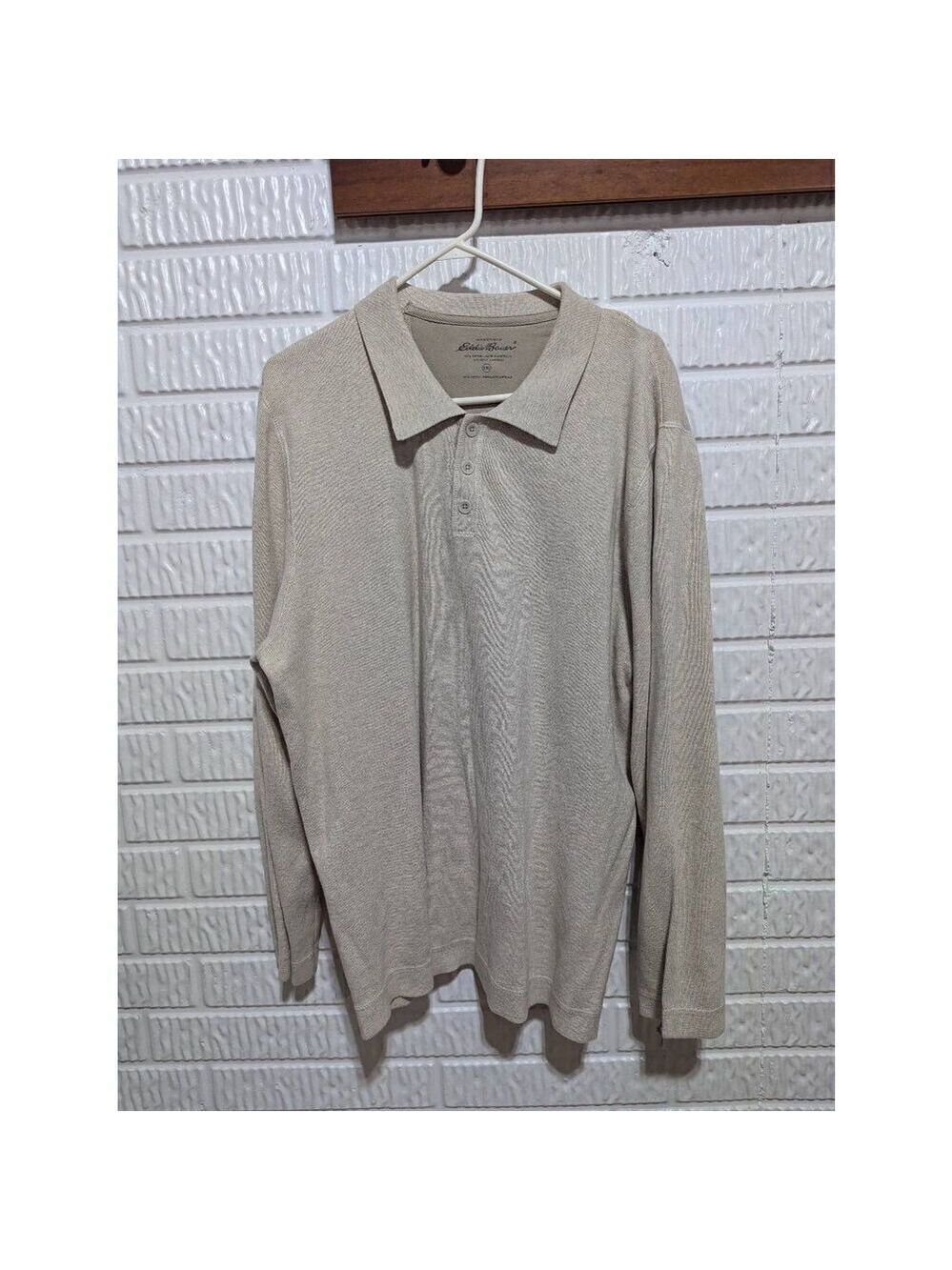 Eddie Bauer Men's Tan Cotton Knit Long-Sleeve Pointed Collar T-Shirt Size 2XL